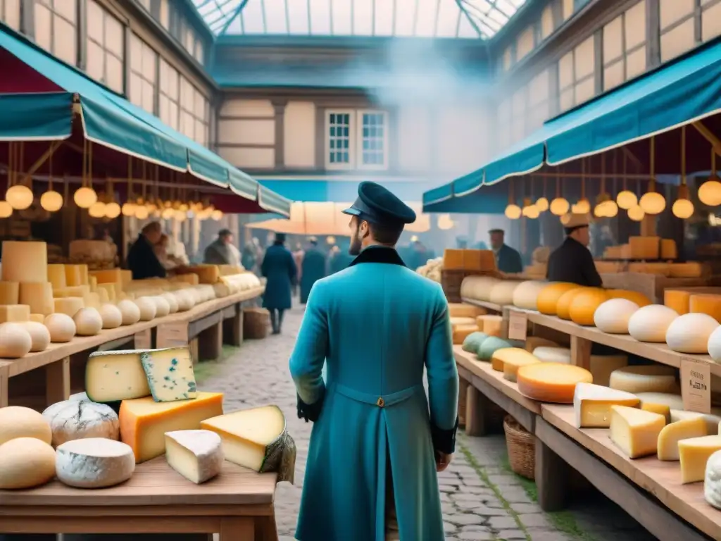 Escena detallada del bullicioso mercado francés del siglo XIX, con una variedad de quesos en exposición