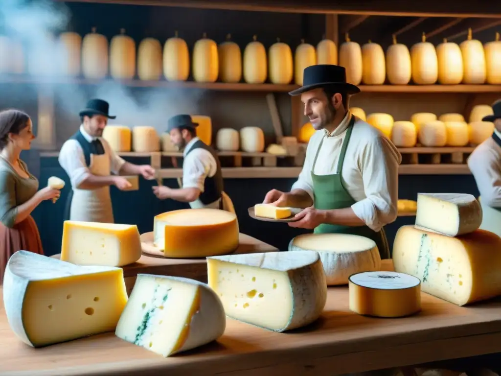 Escena detallada en 8k de un bullicioso mercado de queso francés del siglo XIX