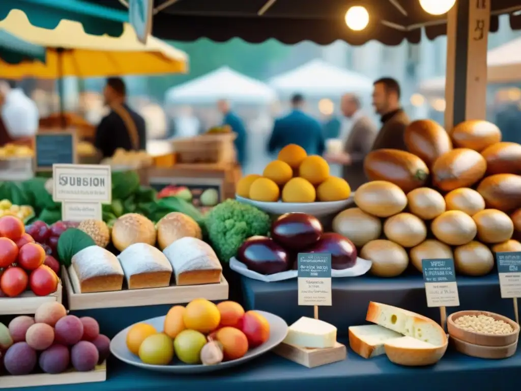 Escena detallada de un bullicioso mercado francés, con ingredientes tradicionales e innovadores