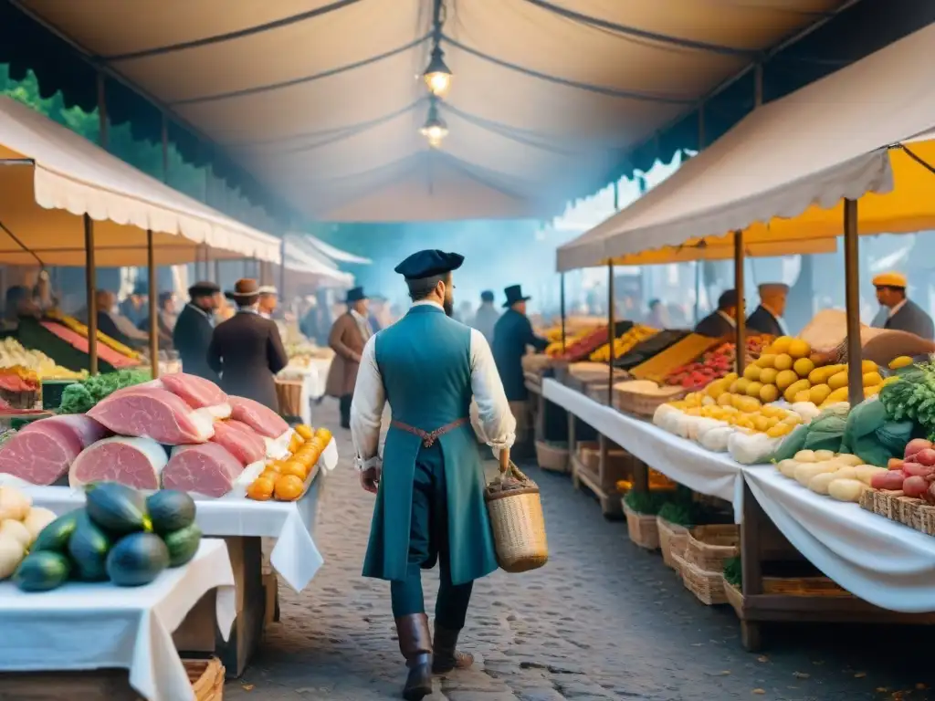 Escena detallada de un bullicioso mercado parisino del siglo XVIII, con nobles elegantes y chefs inspirados en Innovaciones gastronomía francesa revolución culinaria