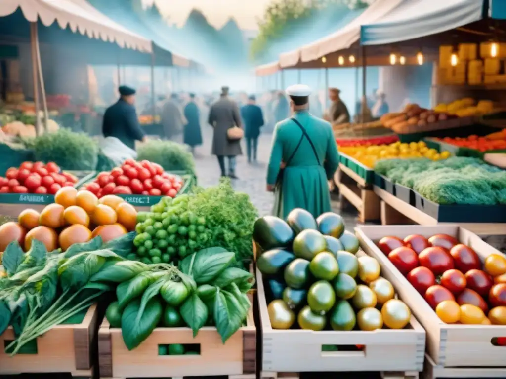 Escena detallada de un bullicioso mercado francés con productos frescos y coloridos bajo la suave luz matutina