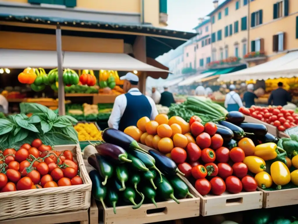 Una escena detallada de un bullicioso mercado italiano con ingredientes frescos y vibrantes, que muestra la influencia italiana en la cocina francesa