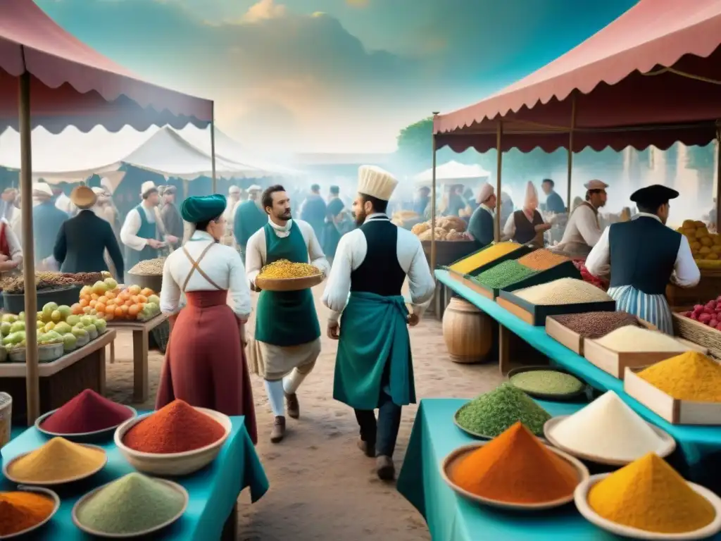 Mercado francés del siglo XVIII: redescubriendo tesoros culinarios Una escena detallada de un bullicioso mercado francés del siglo XVIII, destacando la innovación en gastronomía francesa