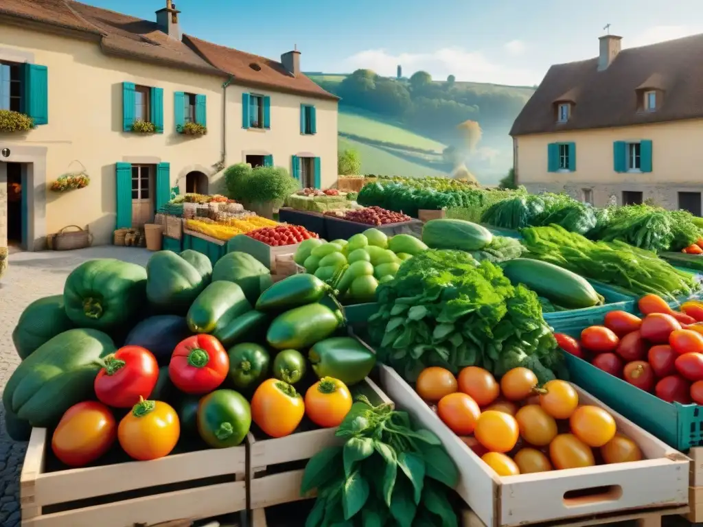 Una escena detallada de un bullicioso mercado de agricultores en el campo francés, resaltando la revolución orgánica gastronomía francesa