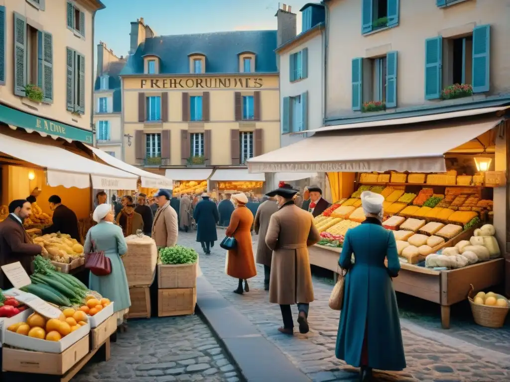 Escena detallada de un bullicioso mercado francés del siglo XVIII, mostrando vendedores y productos frescos