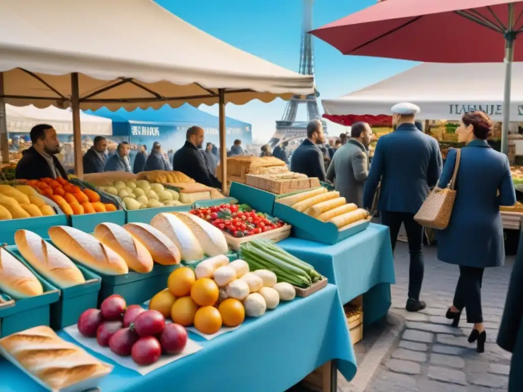 Escena detallada de un bullicioso mercado al aire libre en París, Francia, con ingredientes frescos y coloridos