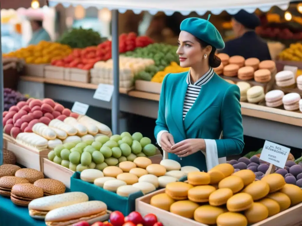 Una escena detallada de un bullicioso mercado francés con productos frescos, quesos artesanales, macarons coloridos y baguettes tradicionales