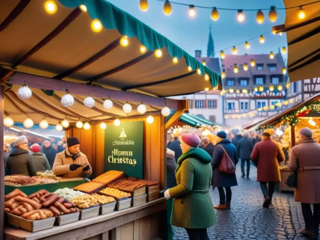 Escena detallada de un bullicioso mercado navideño en Estrasburgo con delicias gastronómicas tradicionales