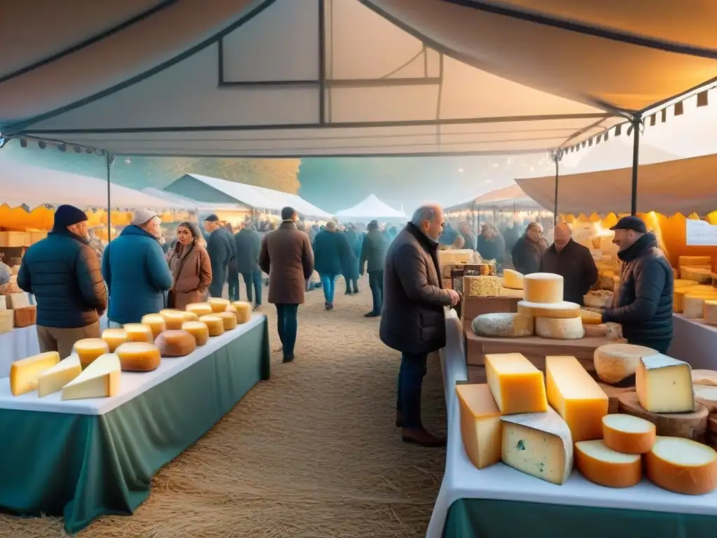 Una escena detallada del bullicioso mercado del Festival de Quesos de Normandía, representando la rica tradición gastronómica francesa