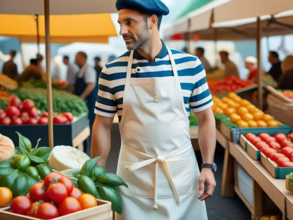 Una escena detallada de un bullicioso mercado francés con productos frescos y vibrantes