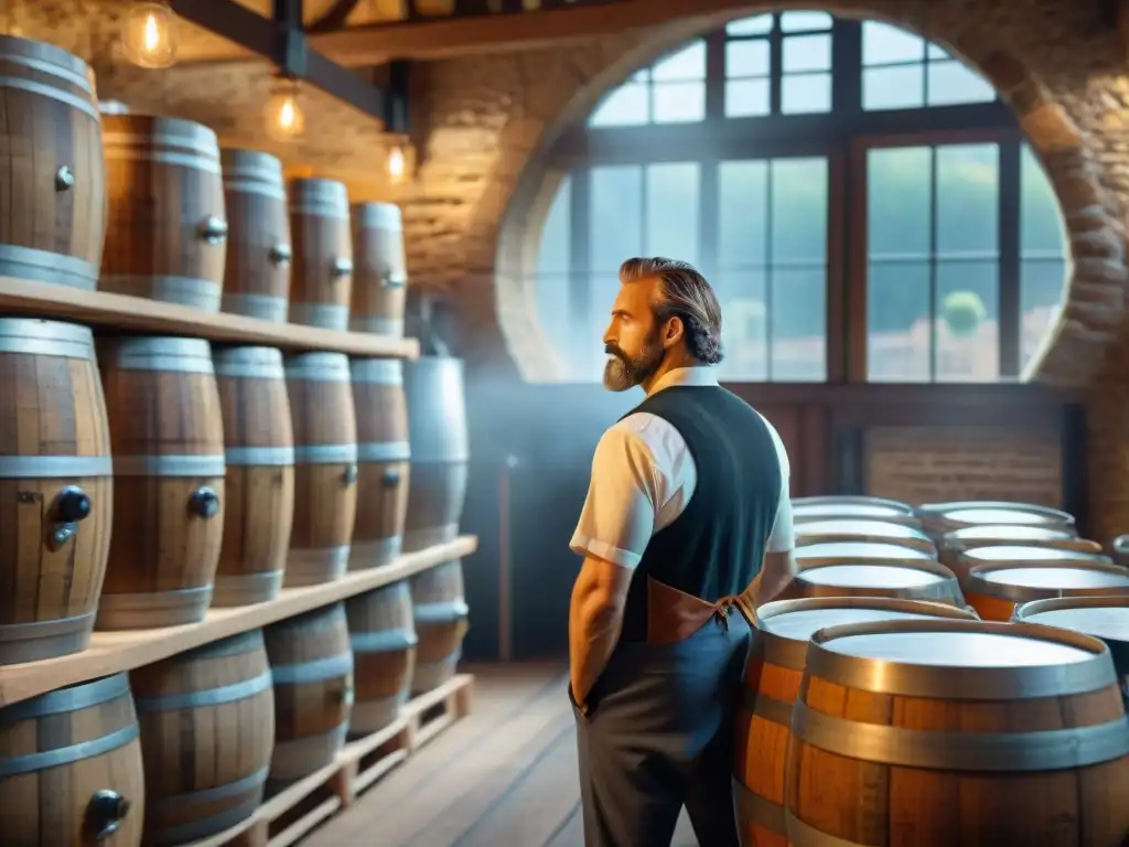 Escena detallada de una cervecería francesa rústica durante el proceso de fermentación