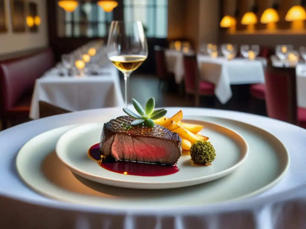 Escena detallada de un clásico bistró francés con un exquisito Steak au Poivre francés y maridaje de vino