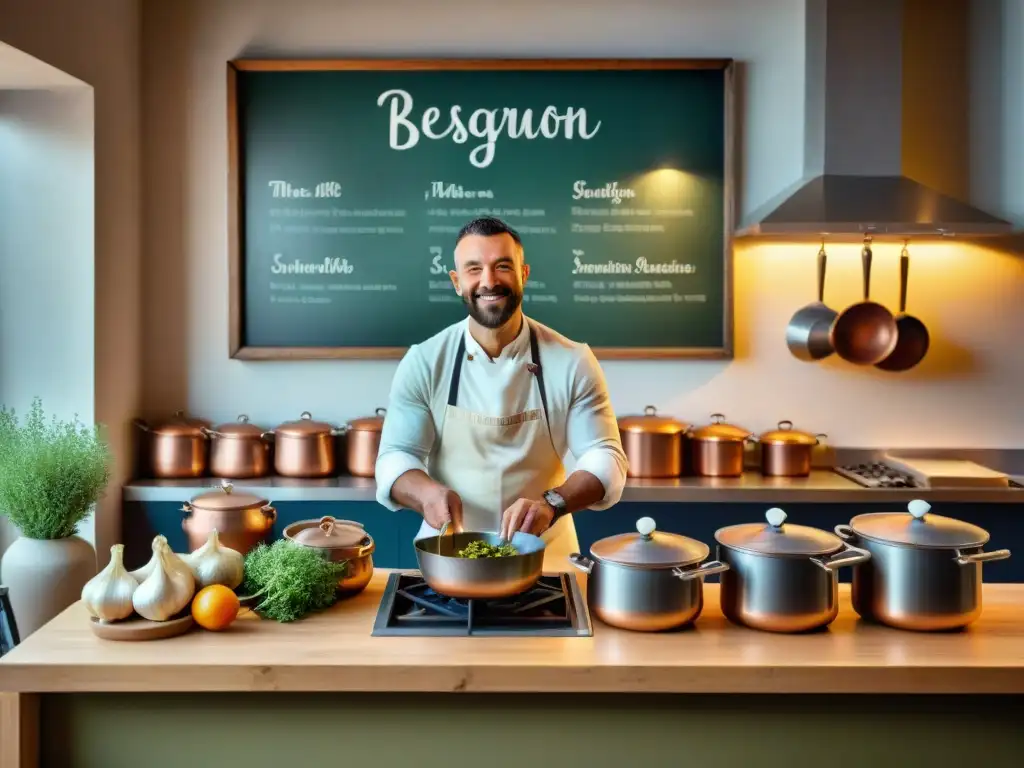 Escena detallada de una cocina de bistró francés en Besançon al amanecer