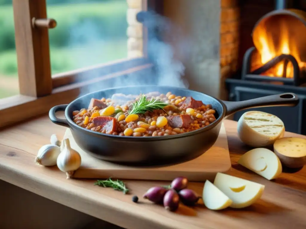 Una escena detallada de una cocina francesa rústica con un guiso de cassoulet burbujeante en una estufa de leña