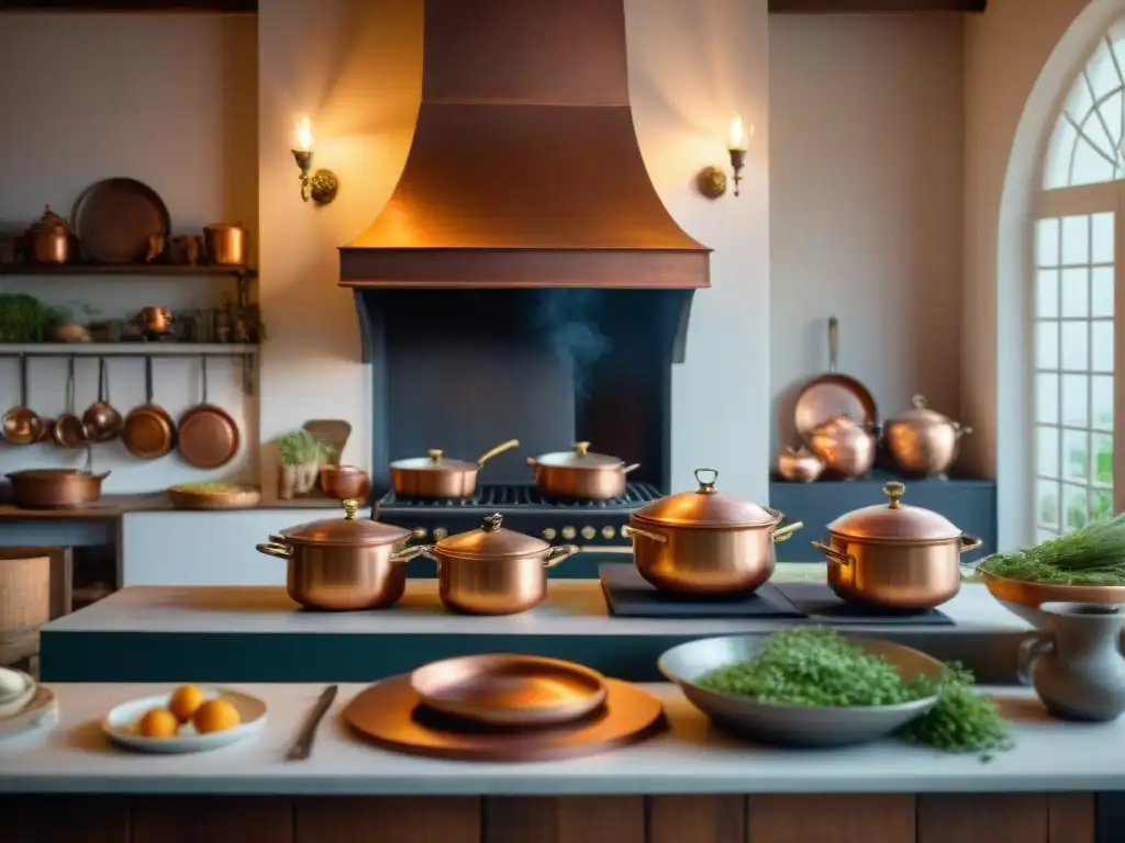 Escena detallada: Cocina francesa del siglo XIX con chefs preparando platos elaborados entre ollas de cobre y hierbas colgantes