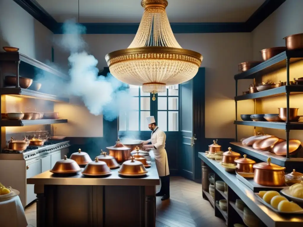 'Escena detallada de una cocina francesa del siglo XIX en un restaurante de alta cocina en París