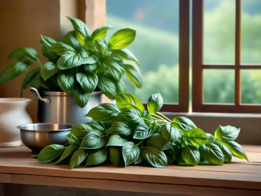 Una escena detallada de una cocina francesa mediterránea con albahaca fresca en una mesa de madera rústica