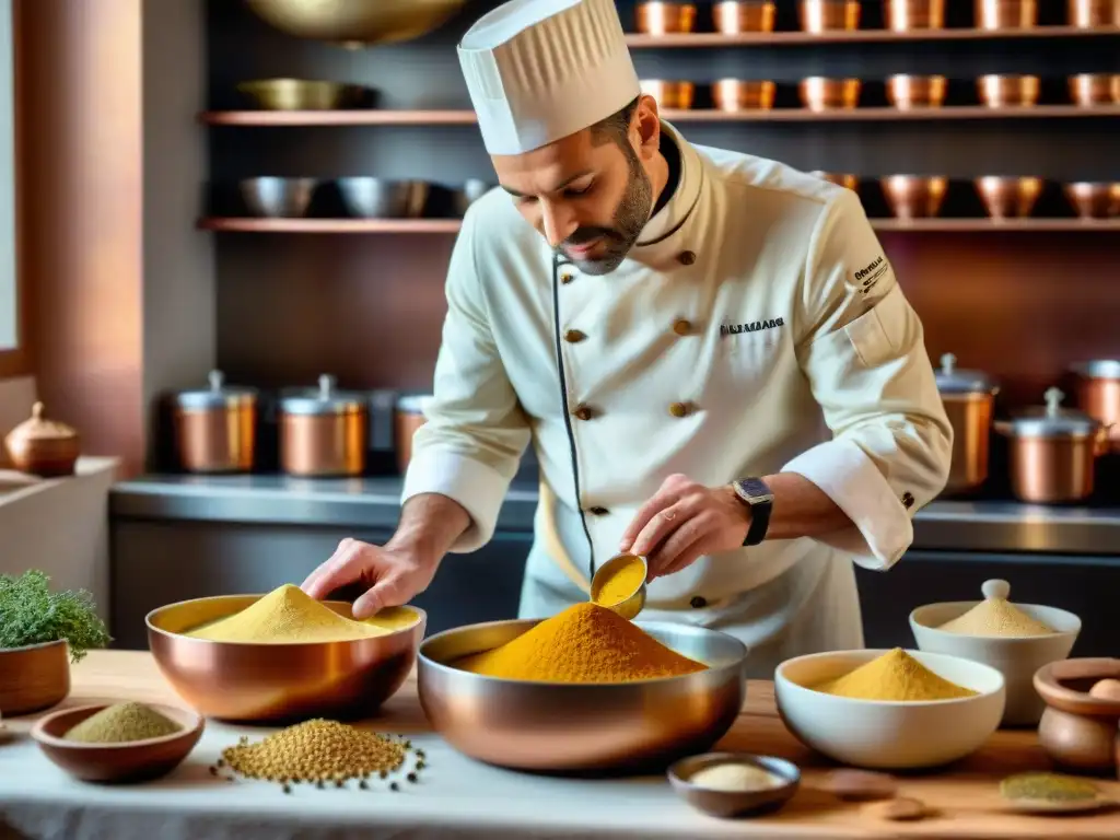 Escena detallada de una cocina francesa tradicional con un chef preparando mostaza Dijon desde cero, evocando la historia y la gastronomía francesa