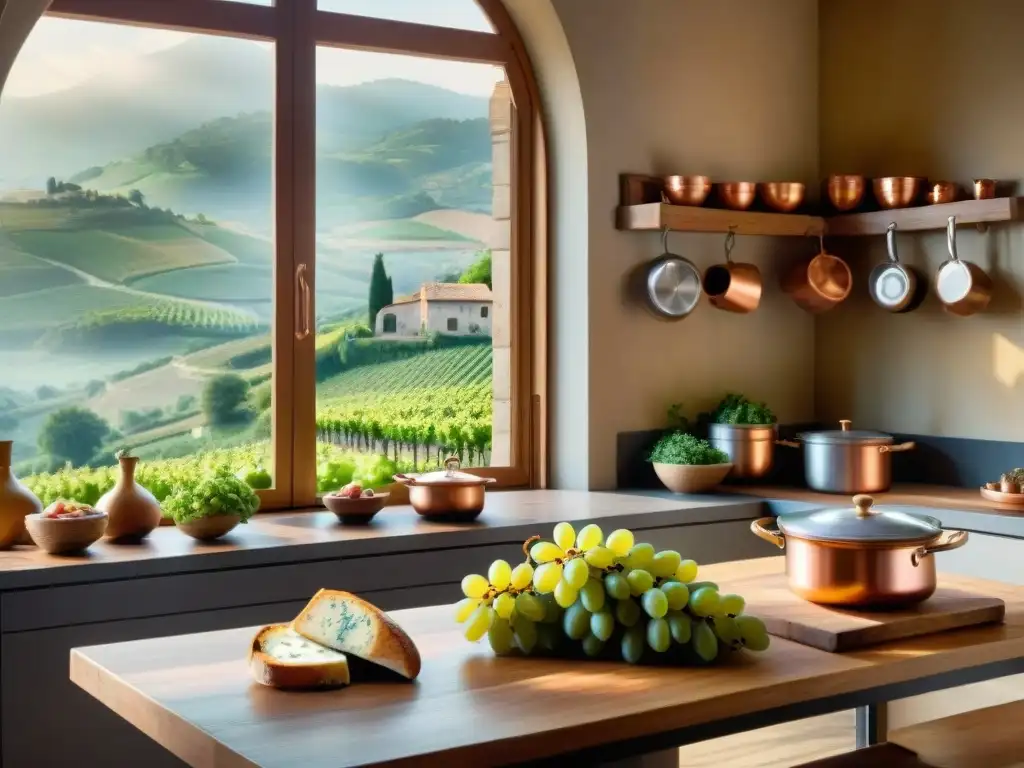 Escena culinaria francesa: cocina tradicional llena de encanto Escena detallada de una cocina francesa con utensilios de cobre, hierbas frescas, mesa rústica y alimentos coloridos