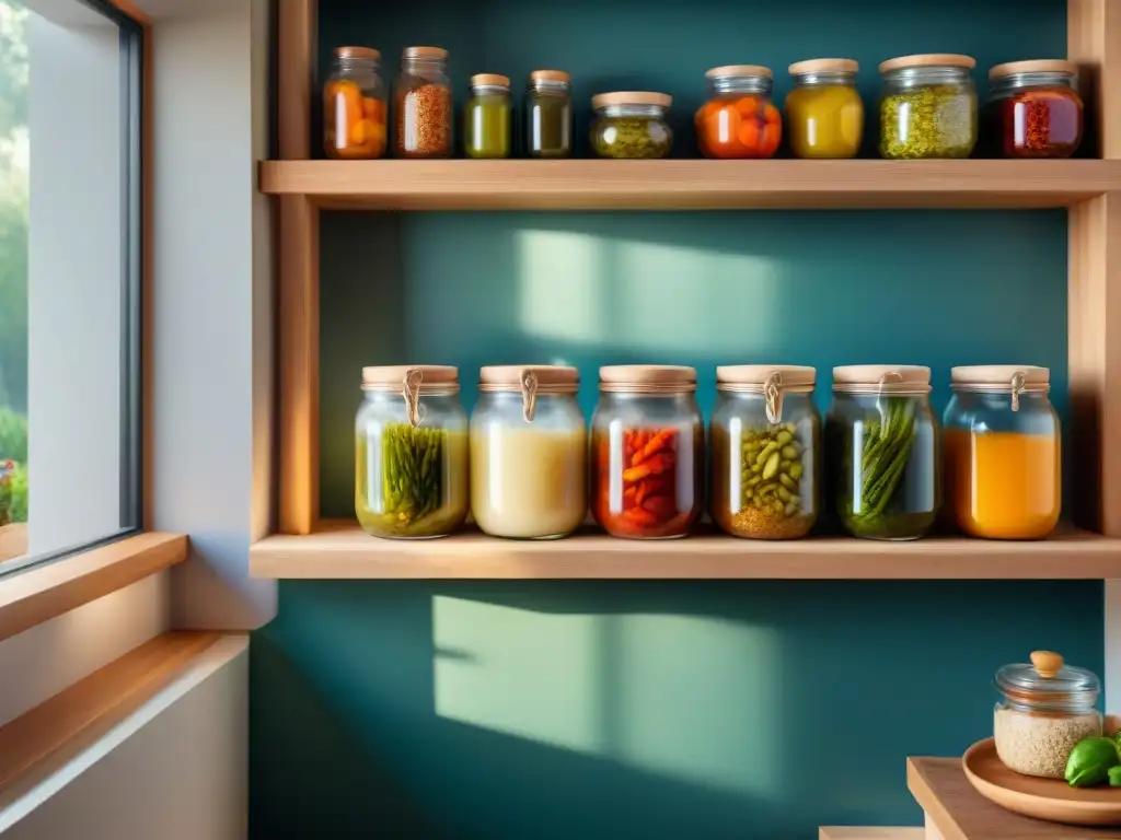 Escena detallada de una cocina francesa tradicional con alimentos fermentados saludables en estantes de madera