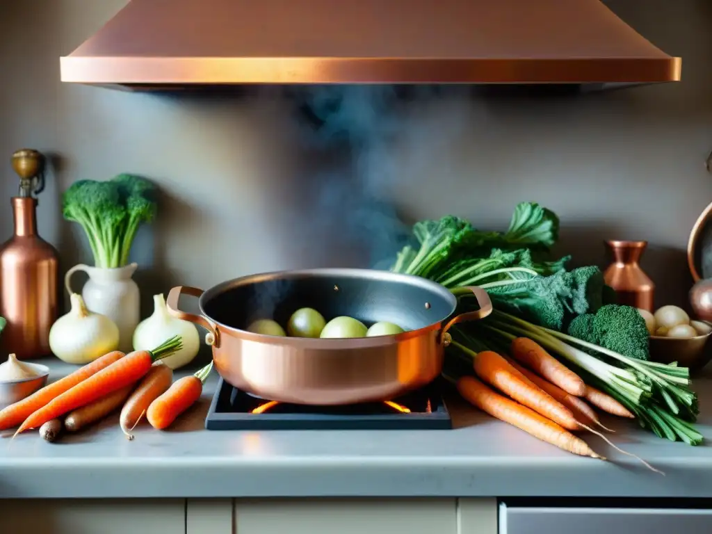 Una escena detallada de una cocina francesa rústica con técnicas caldos franceses y un ambiente acogedor