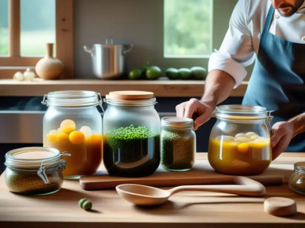 Escena detallada de una cocina francesa tradicional con fermentación en la gastronomía francesa