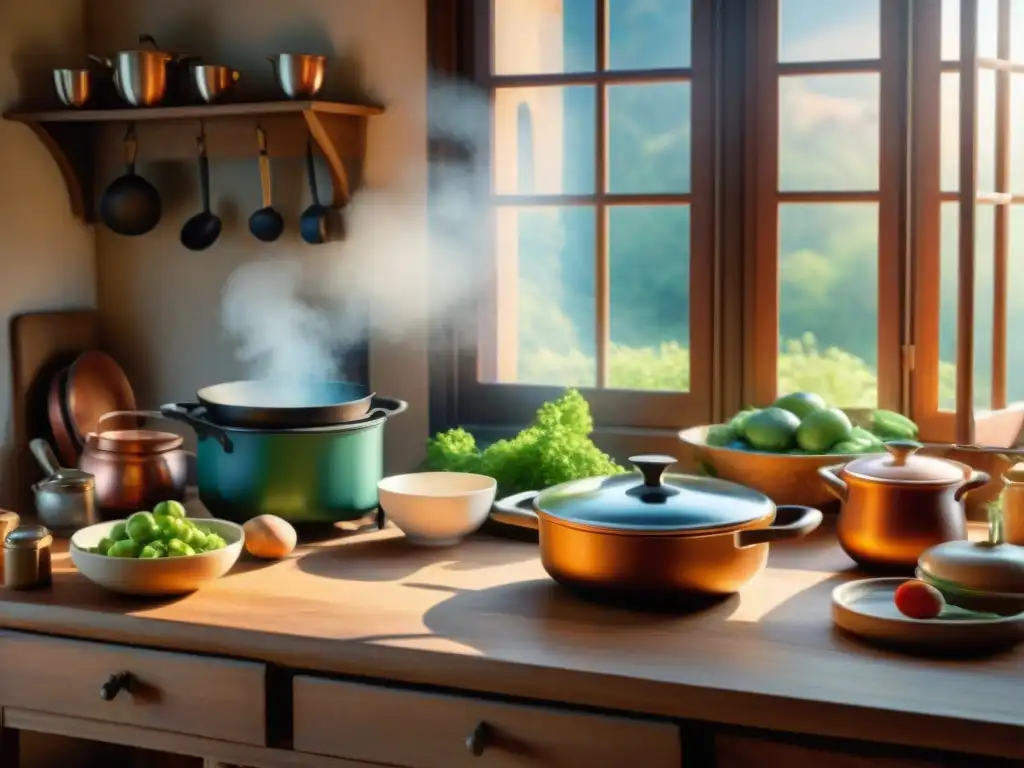 Escena detallada de una cocina francesa tradicional con sartenes de cobre, utensilios y estufa vintage