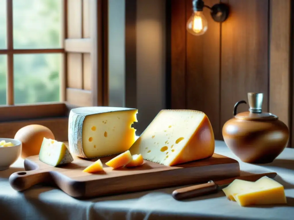 Una escena detallada de una cocina francesa rústica con quesos veganos tradicionales franceses innovadores en una tabla de madera