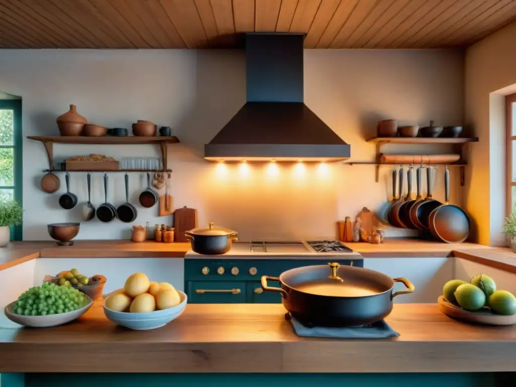 Escena detallada de una cocina francesa del siglo XIX con chefs, ollas de cobre, baguettes y vino