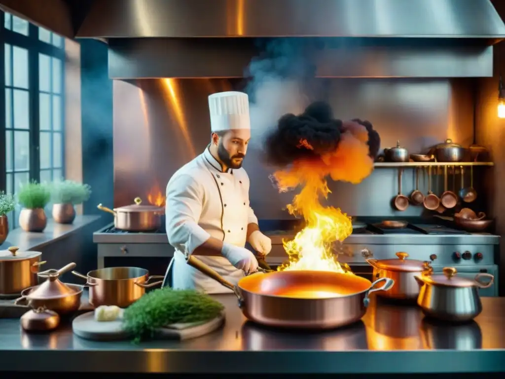 Una escena detallada de una cocina francesa del siglo XIX con chefs, cazuelas de cobre y fuego en la chimenea