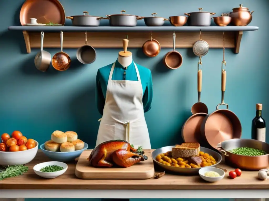 Una escena detallada de una cocina francesa tradicional, con platos vibrantes y coloridos como coq au vin y ratatouille