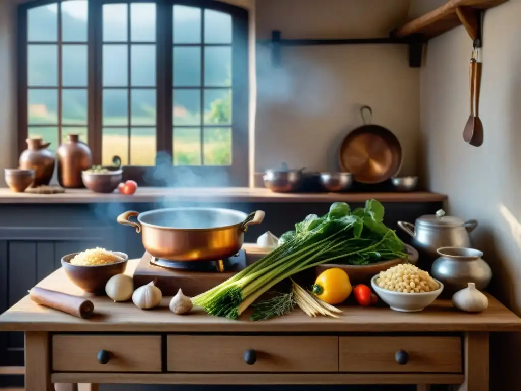 Escena detallada de una cocina normanda tradicional con ingredientes frescos y utensilios antiguos