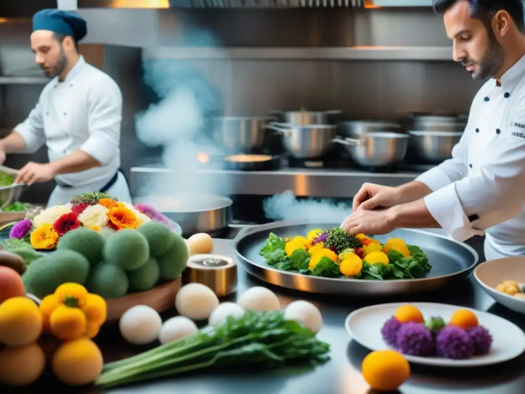 Una escena detallada de la cocina de un restaurante francés tradicional, con chefs preparando platos exquisitos