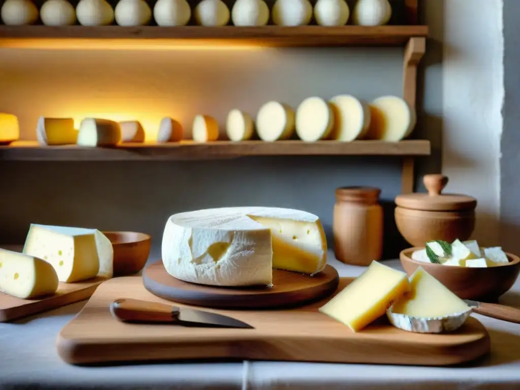 Escena detallada de una cocina rústica francesa con estantes de quesos de cabra franceses tradicionales en distintas etapas de maduración, tablas y cuchillos vintage, bañados por luz natural