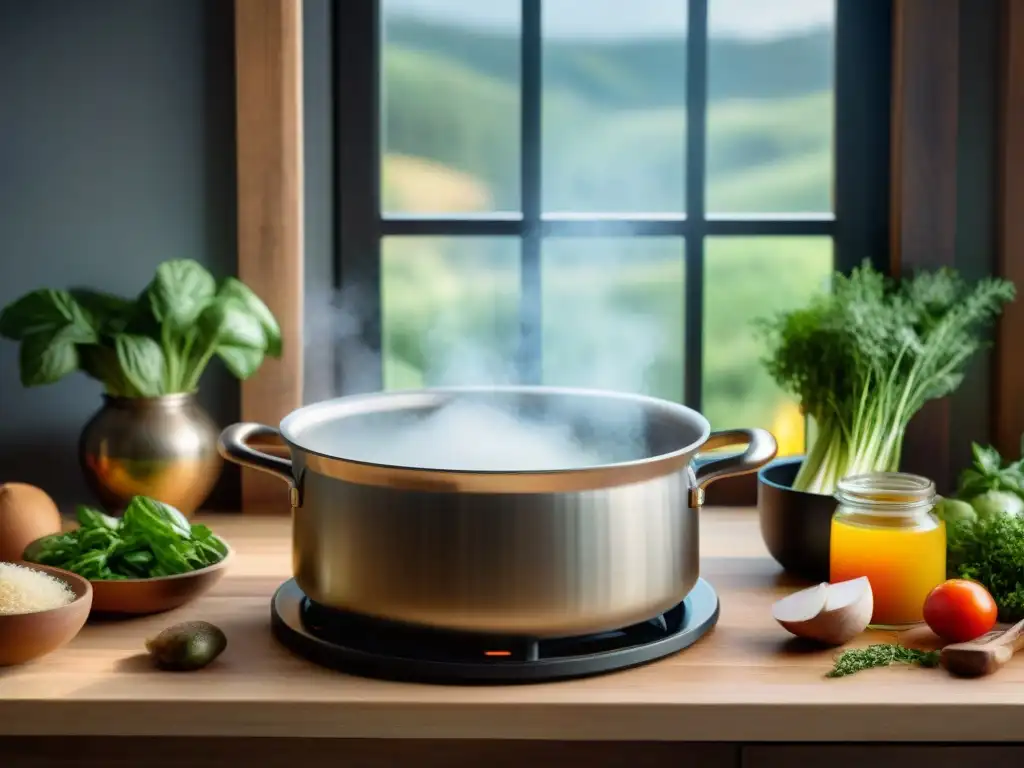 Escena detallada de una cocina rústica con receta caldo francés casero auténtico en ebullición, creando un ambiente acogedor y aromático