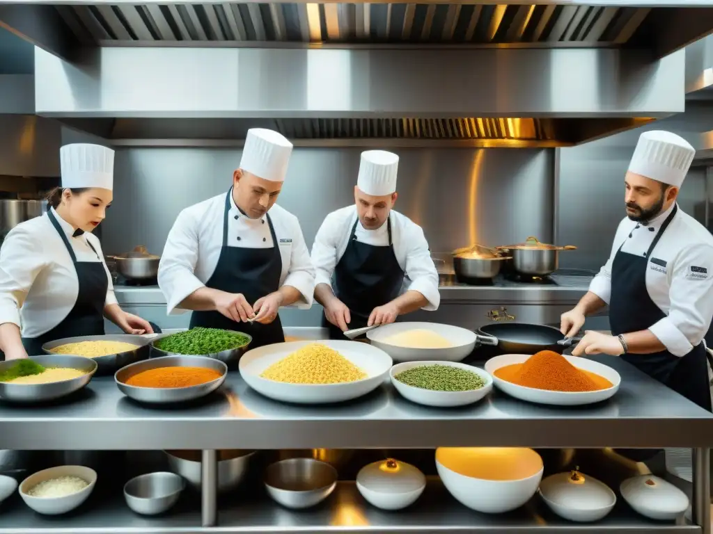 Una escena detallada de cocina del siglo XX con influencia Escoffier, chefs en acción y ambiente de intensa concentración