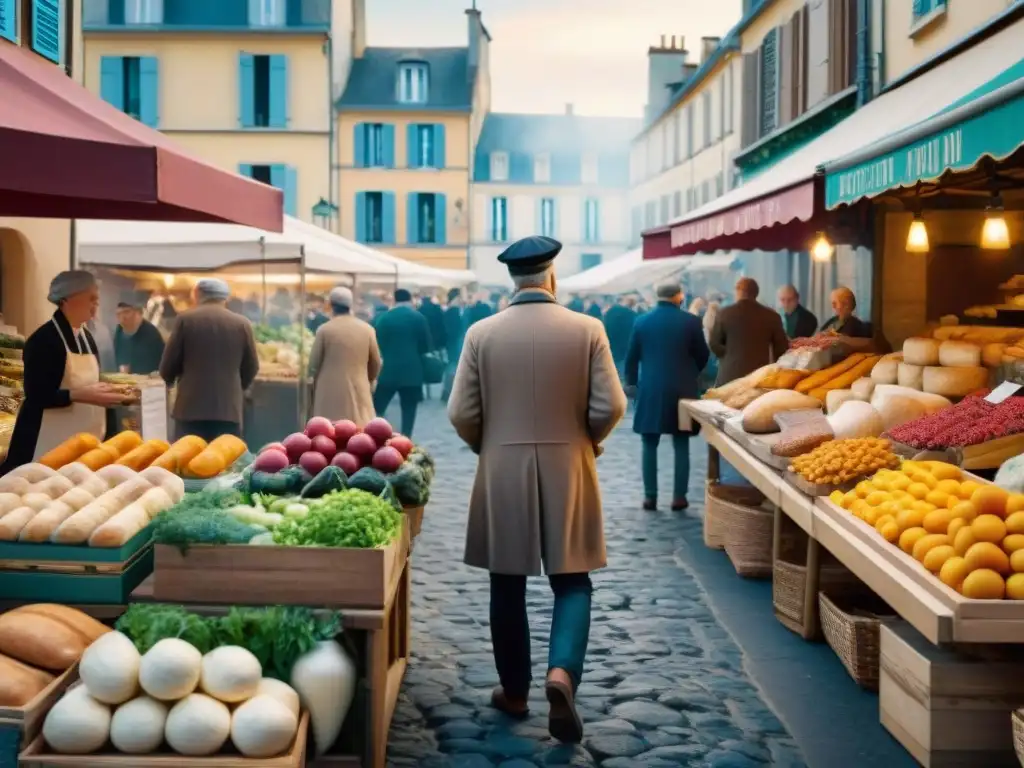 Escena detallada de un concurrido mercado francés del siglo XXI, fusionando tradición y modernidad