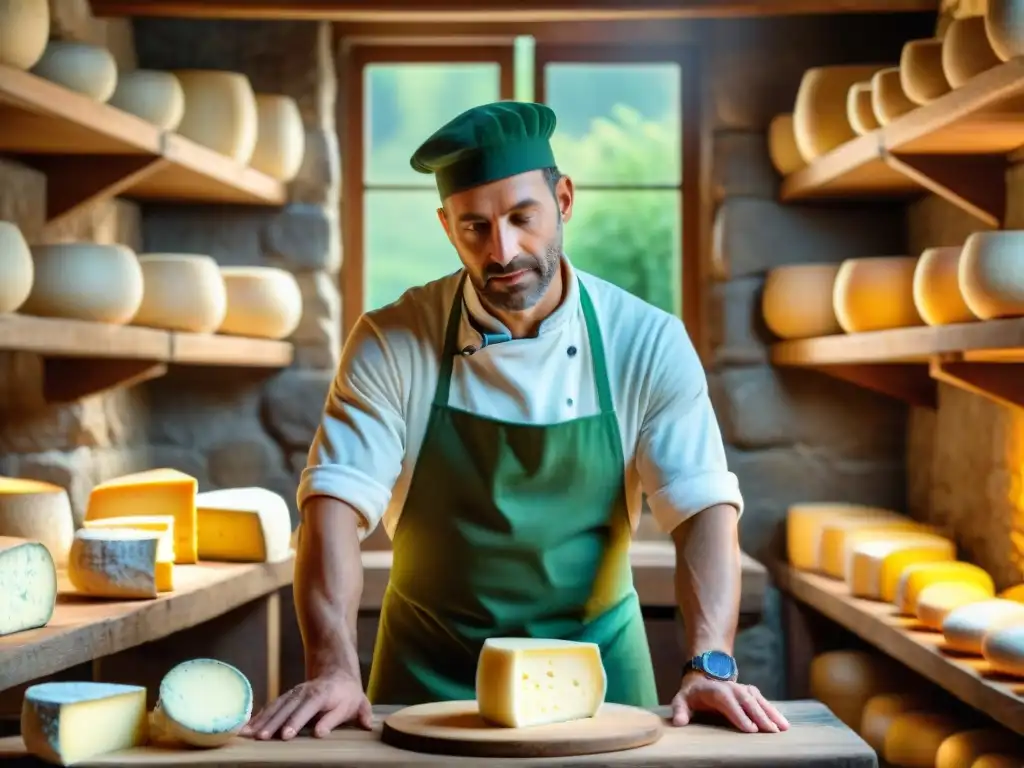 Escena detallada de una elaboración de quesos tradicional en Francia, con expertos artesanos creando quesos a mano en un taller rústico