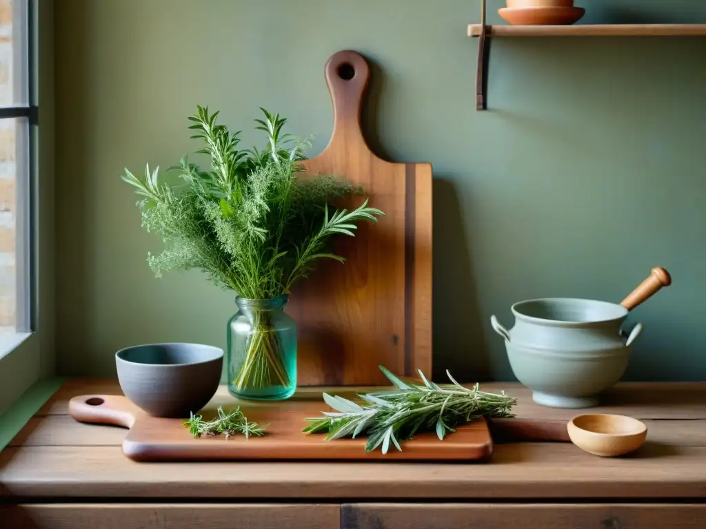 Hierbas frescas en tabla de corte de madera: elegancia culinaria francesa Una escena detallada y elegante de hierbas francesas para cocina gourmet en tabla de cortar de madera rústica