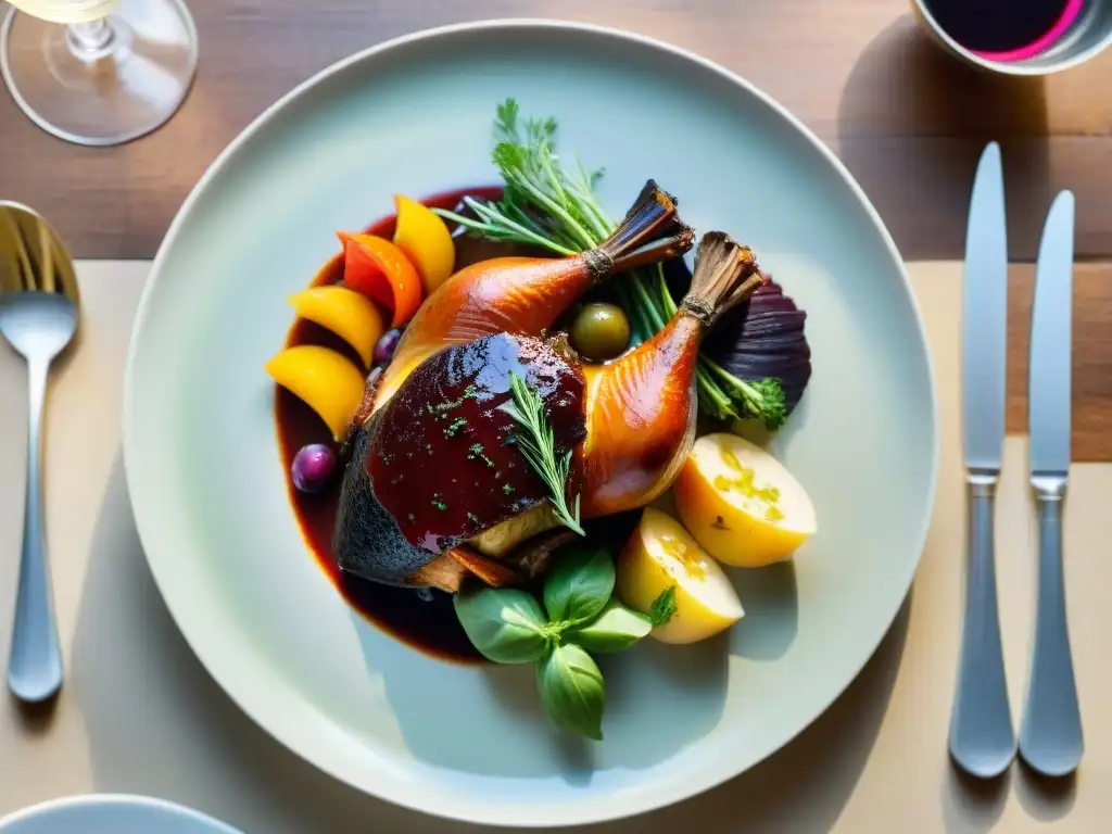 Una escena detallada de exquisitos platos de cocina francesa coloridos, con un coq au vin brillante como punto focal