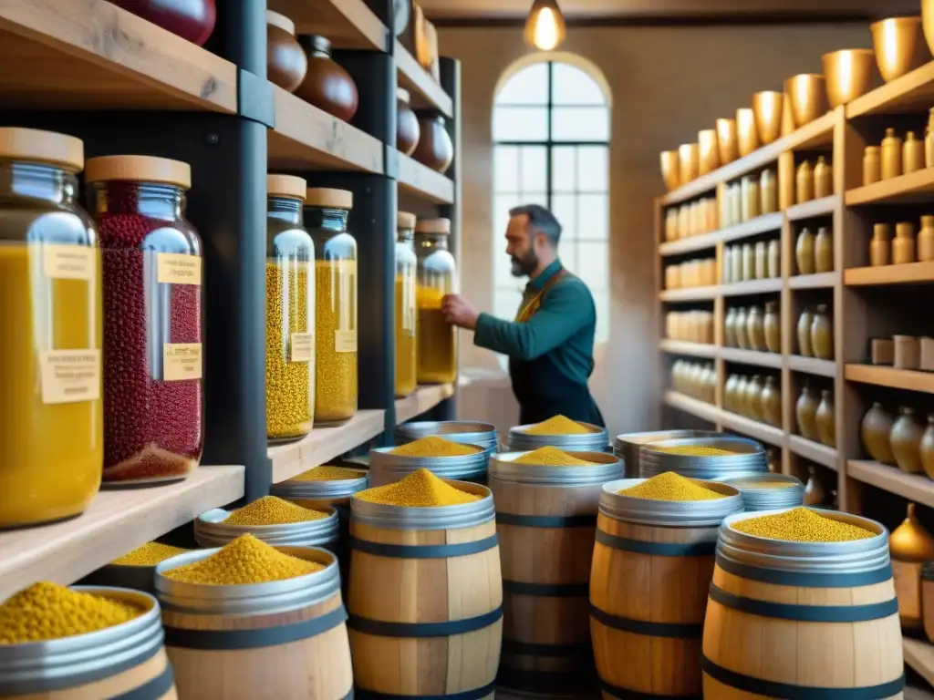 Tradición dorada: proceso detallado en fábrica de mostaza en Dijon Escena detallada de una fábrica de Mostaza de Dijon en Francia, destacando el proceso artesanal en barriles de madera