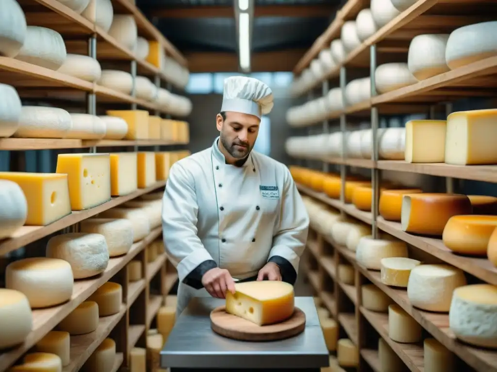 Una escena detallada de una fábrica de queso francesa tradicional combinada con tecnología de impresión 3D