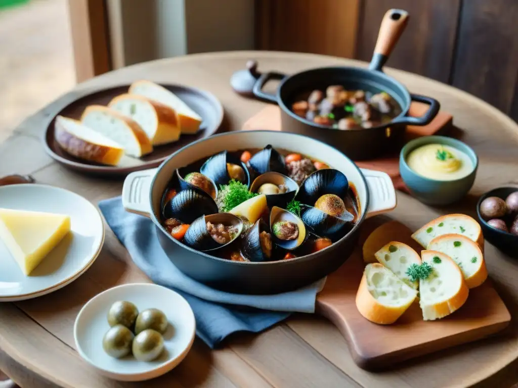 Una escena detallada de una festín tradicional borgoñón en una mesa de madera rústica, con coq au vin, escargots, boeuf bourguignon y vinos de Borgoña