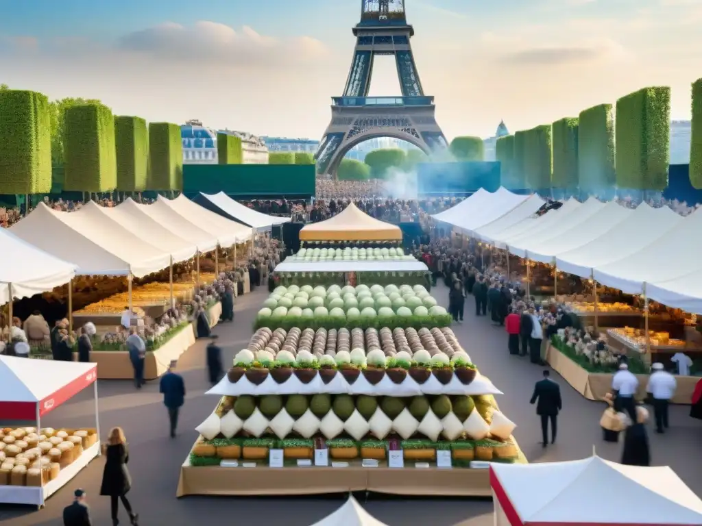 Escena detallada de festival gastronómico en Francia con deliciosos platillos franceses y la Torre Eiffel de fondo