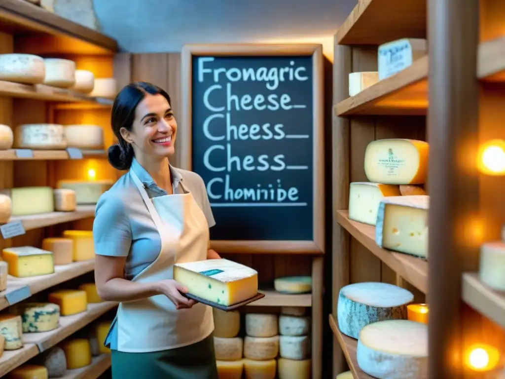 Escena detallada de una fromagerie francesa tradicional con quesos en estantes de madera y un experto quesero ayudando a un cliente