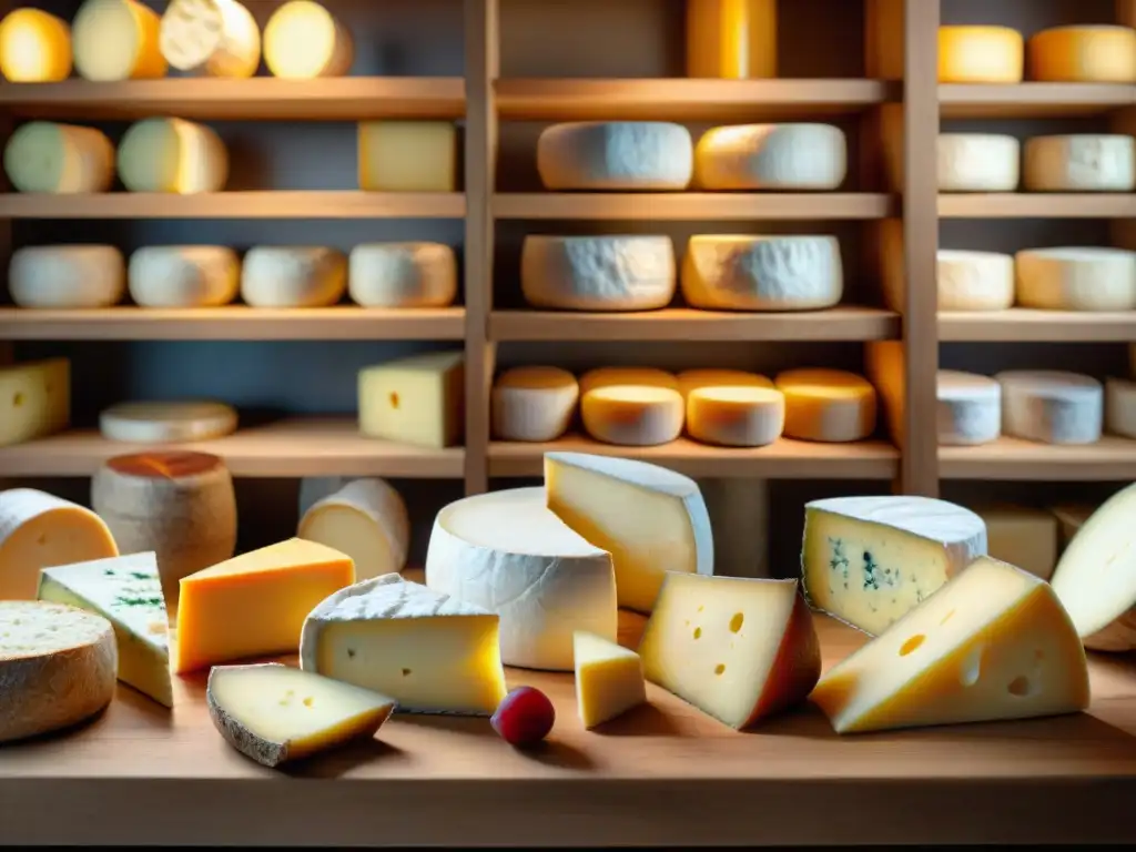 Escena detallada de una fromagerie francesa con quesos exquisitos