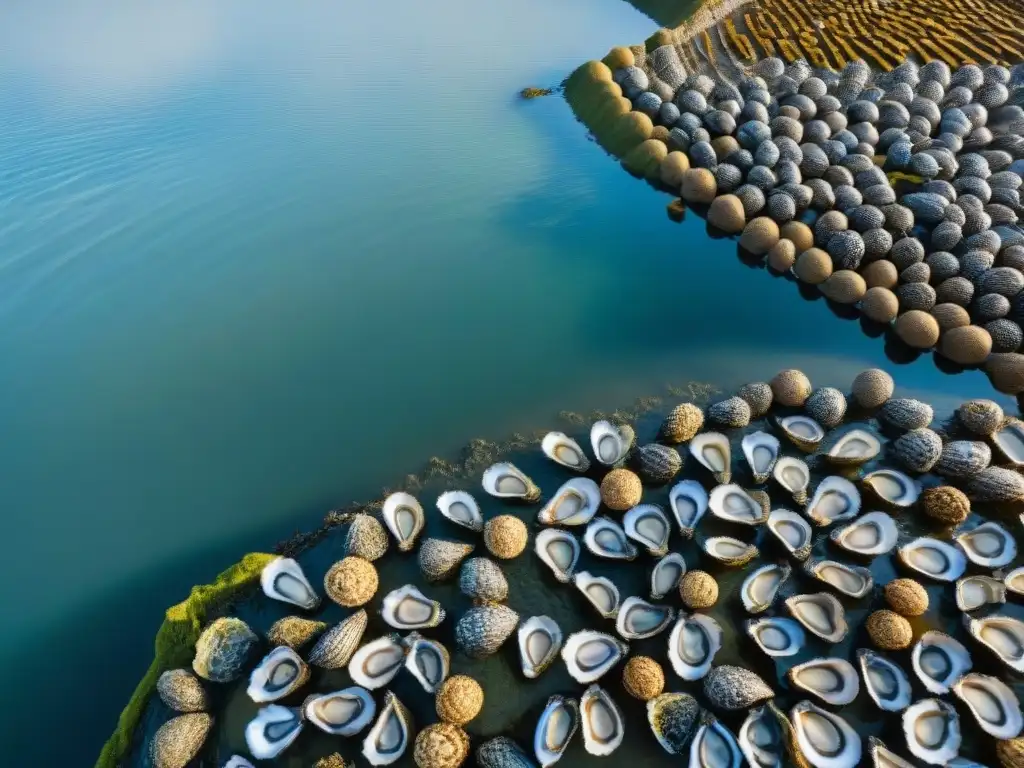 Escena detallada de una granja de ostras en Cancale, Bretaña, con pescadores locales clasificando ostras bajo la suave luz matutina