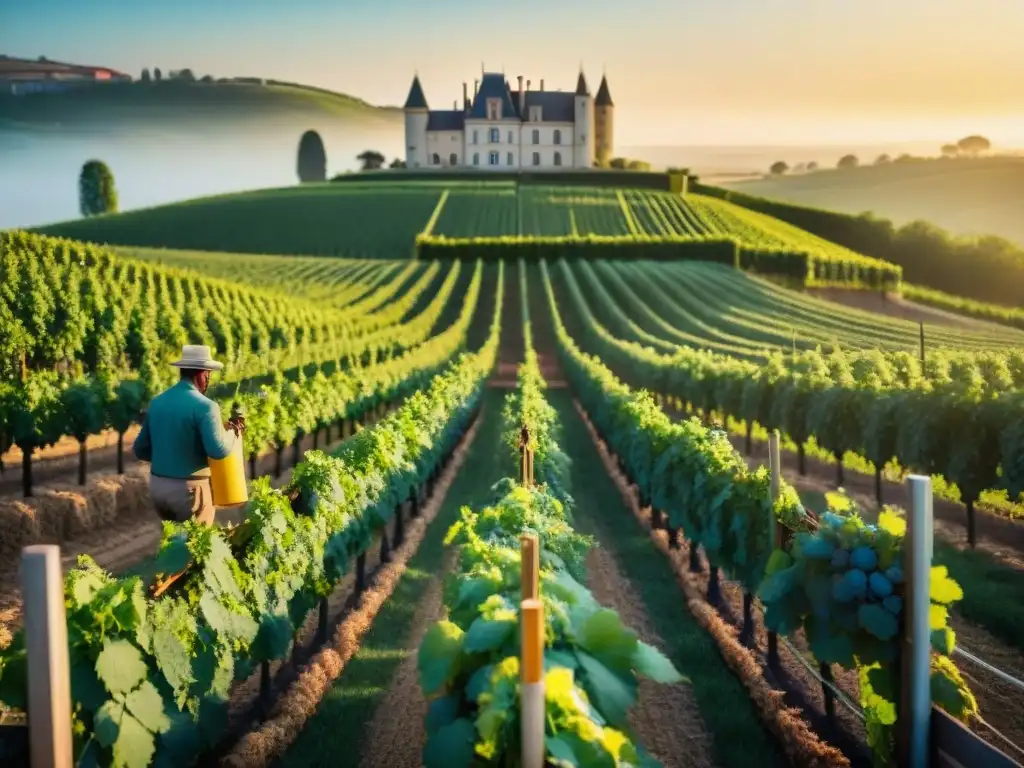 Una escena detallada de la historia de la producción de champaña, destacando viñedos al atardecer