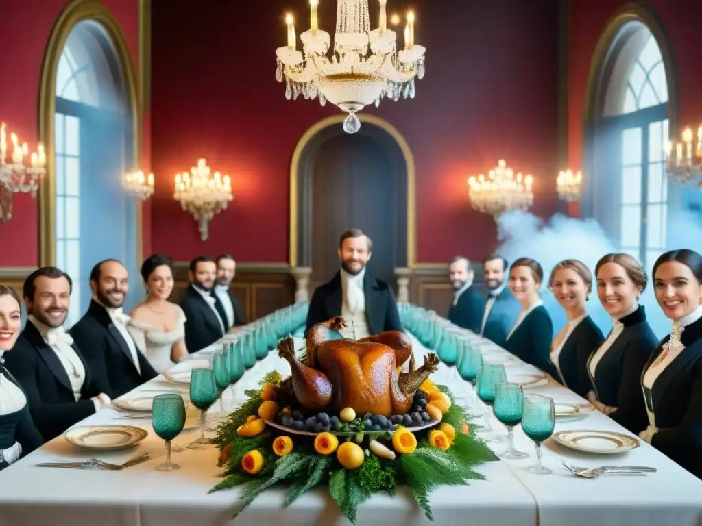 Una escena detallada de un lujoso banquete francés del siglo XIX en un elegante comedor, con exquisitos platos y decoración