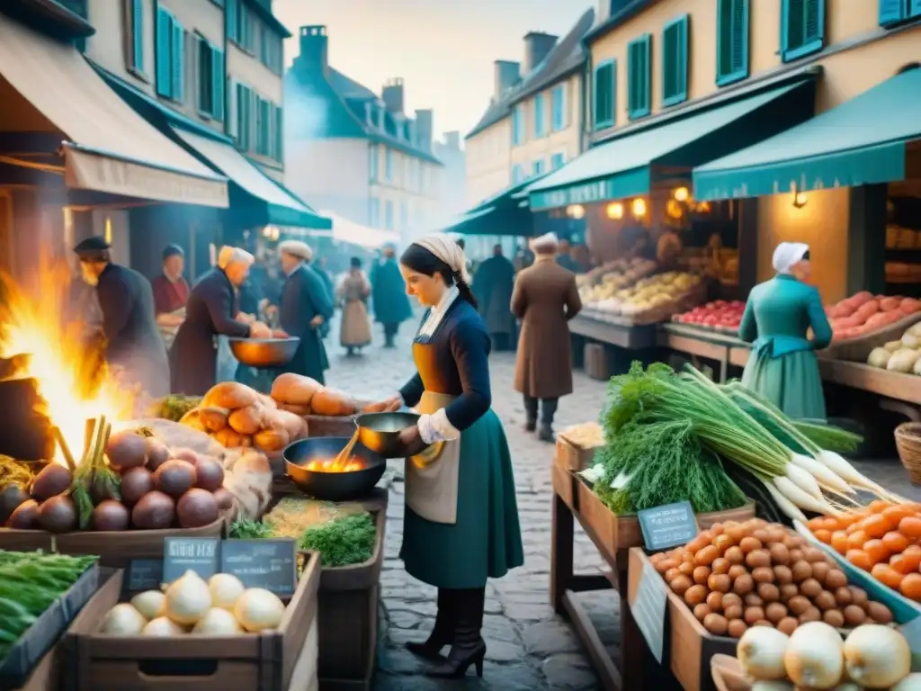 Escena detallada de mercado francés en el siglo XVIII